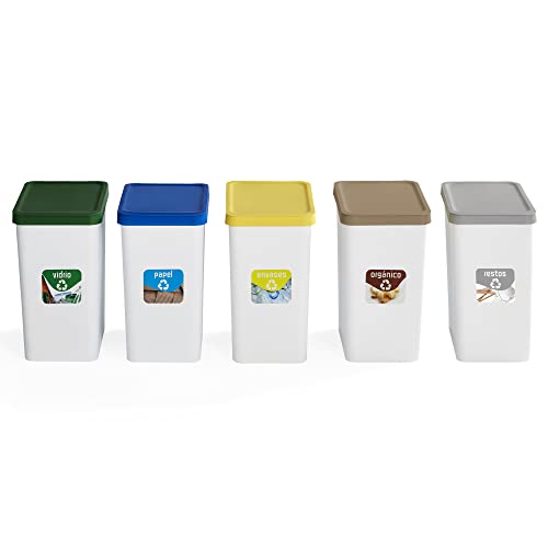 USE FAMILY - Lote 5 Papeleras Reciclaje 28L - Reciclaje Vidrio, Papel, Envases, Orgánico y Restos - Con Pegatinas de Reciclaje - Apto para Bolsas 30L - Cubos de Basura Ecológicos Plástico Reciclable