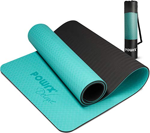 POWRX Esterilla de yoga profesional 171x61x0,8 cm - Colchoneta 100% ecológica con doble lado antideslizante - Extra ligera con bolsa de transporte + PDF Workout (Verde oscuro/Negro)