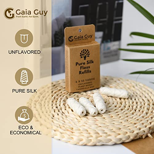 Gaia Guy Recambio de hilo dental de seda, seda natural sin sabor, 4 carretes x 33 yardas, hilo de seda compostable, sostenible y biodegradable y embalaje ecológico