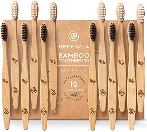 Greenzla Cepillos de Dientes de Bambú (Kit de 12) | cerdas suaves sin BPA | natural y ecológico | Biodegradables y compostables